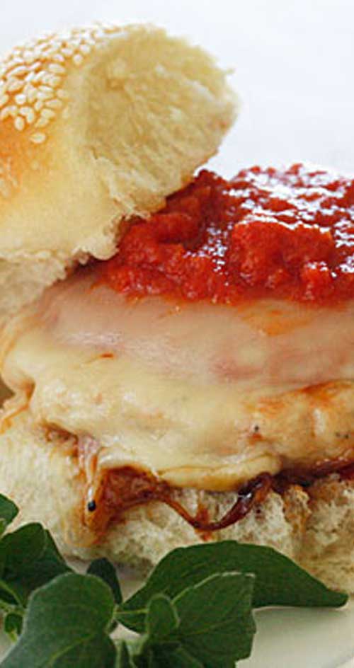 Recipe for Chicken Parmigiana Burgers - A quick lunch or weeknight meal ready in less than 10 minutes your whole family will enjoy!