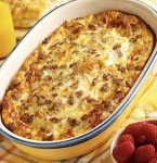This easy breakfast is a great way to start the day. Sausage, eggs and cheese are layered over a crescent roll base for a delicious and filling meal.