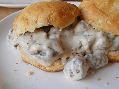 Recipe for Biscuits and Gravy - Very few breakfast dishes trump biscuits and gravy. Fluffy homemade biscuits are topped with creamy white gravy studded with country ham. The only thing that can make biscuits and gravy even better is a fried egg.