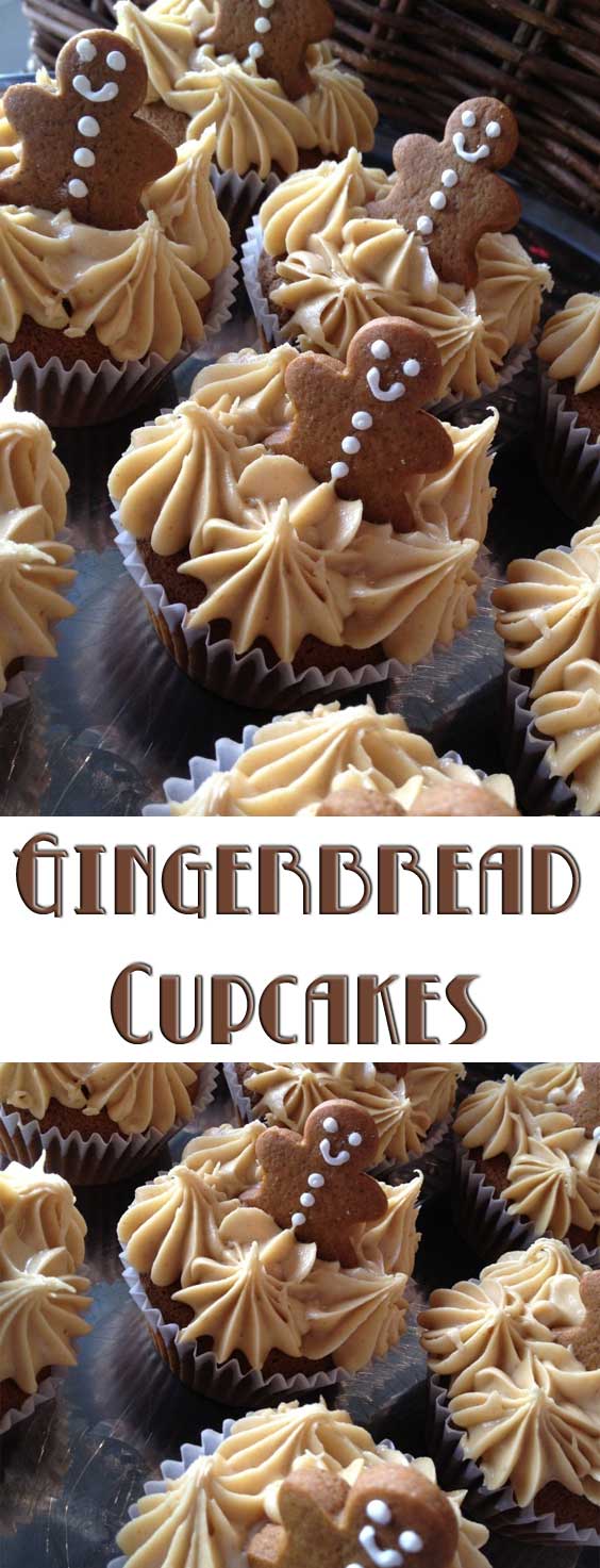After making some gingerbread cookies, I thought they would look adorable on top of some gingerbread cupcakes. The molasses and ginger takes me back to Granny\'s kitchen and watching her bake.  Such nostalgia. #holidaybaking #holidaydessert #cupcakerecipe