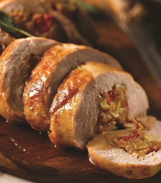 Recipe for Savoury Mushroom Stuffed Pork Tenderloin - A moist and flavorful stuffing makes an impressive but simple meat dish.