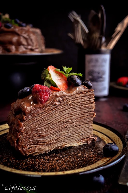 Crepe Cake with Blackberry Schnapps Chocolate Mousse