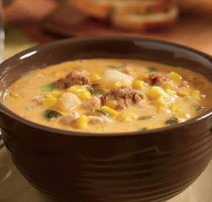 Recipe for Slow Cooker Poblano Corn Chowder with Chicken and Chorizo