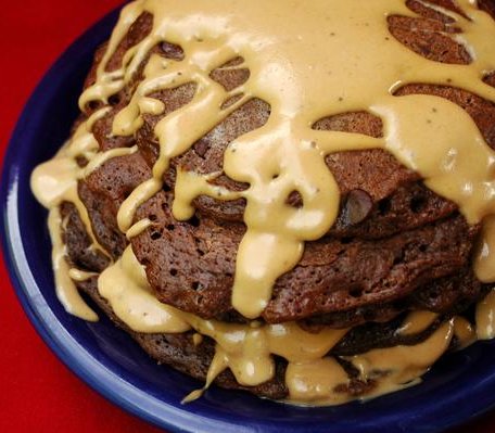 Recipe for Double Chocolate Velvet Pancakes with Banana Cream Sauce