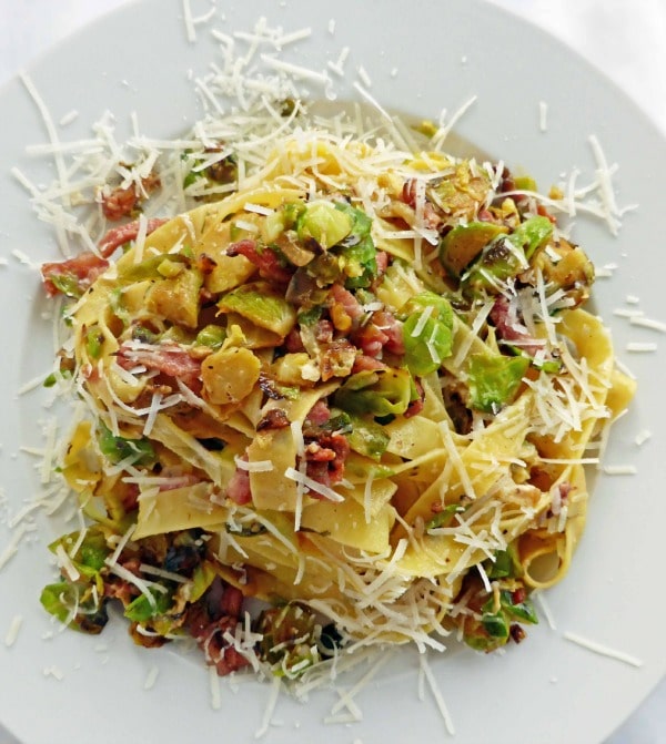 Brussel Sprout Carbonara with Fettuccini