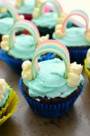 These “somewhere over the rainbow” cupcakes are the perfect dessert to serve at a Wizard of Oz themed party.  All you need are a couple of ingredients and some creative intuition to bake these colorful cupcakes at home.