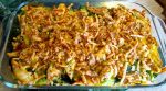 Healthy brown rice and broccoli, a creamy sauce and savory chicken, topped with crispy French fried onions. A delicious chicken & broccoli casserole!