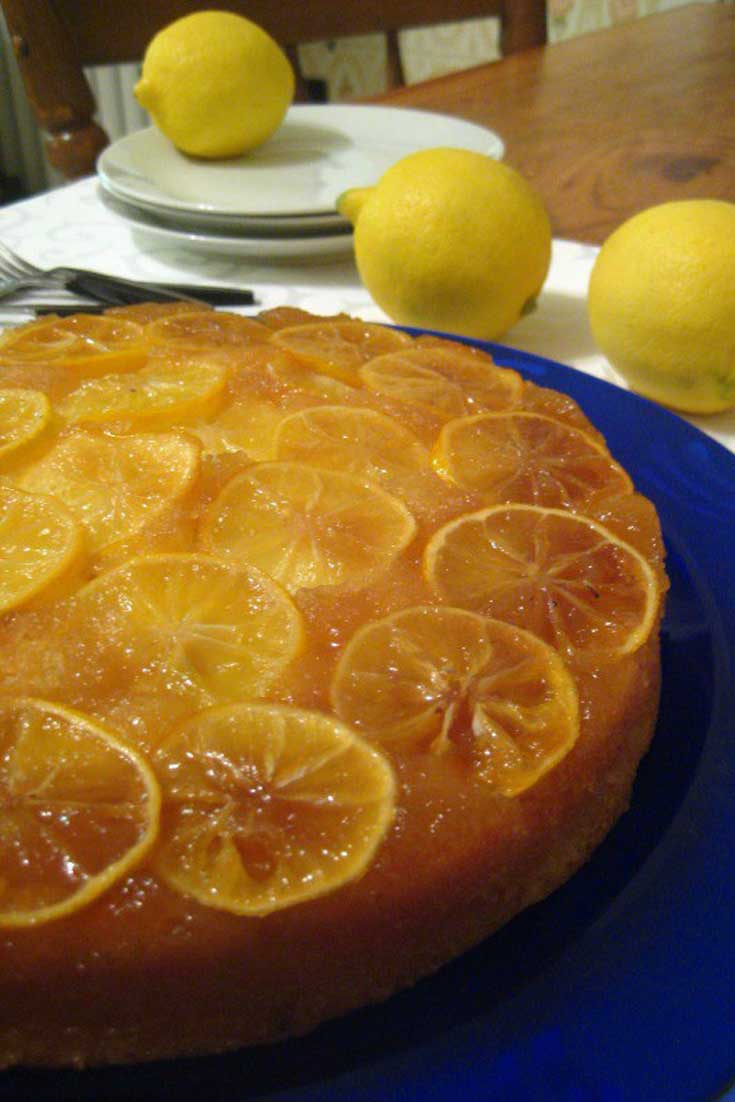 A marmalade-like top (or is it bottom?) with overlapping lemon slices is a beautiful part of this scrumptious lemon upside down cake.