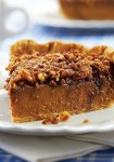 A great choice when you can’t decide whether to make pumpkin or pecan pie! I adore this pie. I think the praline layer adds a lovely new dimension to a plain ole pumpkin pie.
