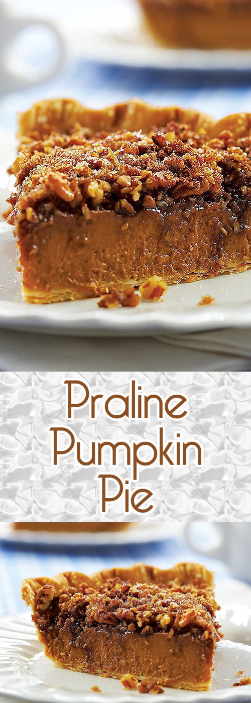 A great choice when you can't decide whether to make pumpkin or pecan pie! I adore this pie. I think the praline layer adds a lovely new dimension to a plain ole pumpkin pie.